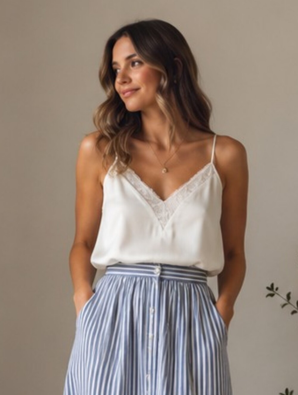 Cream Lace Trim V-neck Camisole